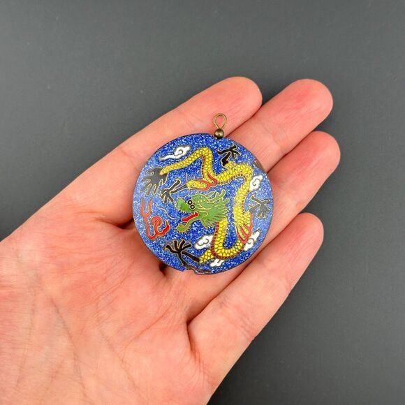Vintage Round Puffy Double Sided Chinese Dragon Cloisonne Pendant 1.75" Blue - Picture 4 of 13
